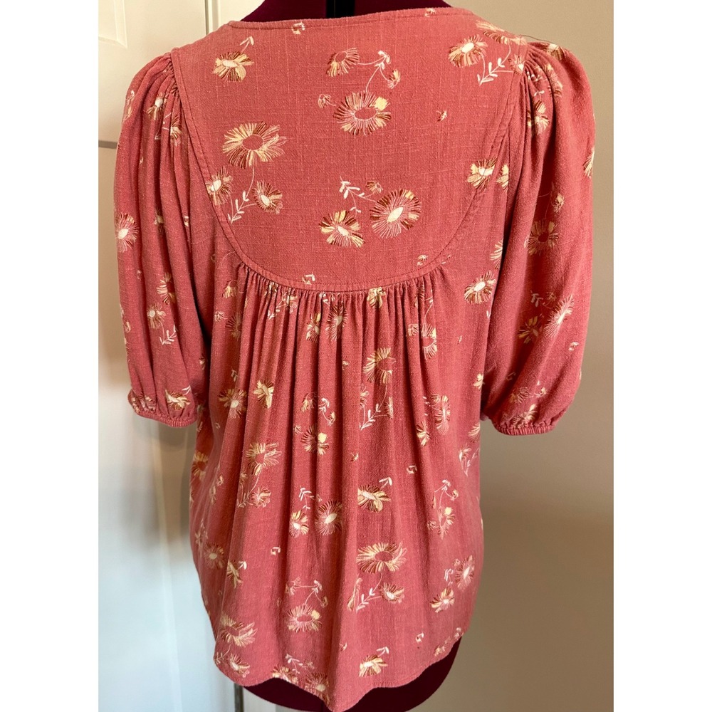 Wonderly Womens Coral Floral Linen Blend Puff Sleeve Button Front Blouse Medium - Picture 7 of 9